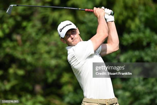 Former footballer Gareth Bale of Wales plays a shot in the pro-am prior to the BMW International Open at Golfclub Munchen Eichenried on June 21, 2023...