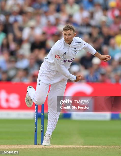 England bowler Joe Root in bowling action during day five of the LV= Insurance Ashes 1st Test Match between England and Australia at Edgbaston on...