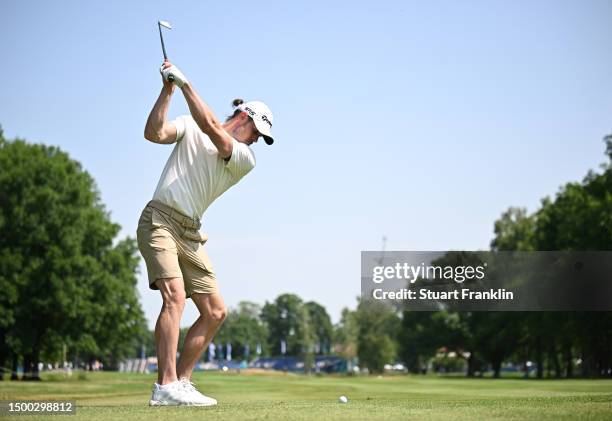 Former footballer Gareth Bale of Wales plays a shot in the pro-am prior to the BMW International Open at Golfclub Munchen Eichenried on June 21, 2023...