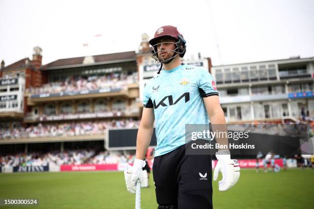 Will Jacks of Surrey walks out to bat during the Vitality T20 Blast match between Surrey CCC and Hampshire Hawks at The Kia Oval on June 18, 2023 in...