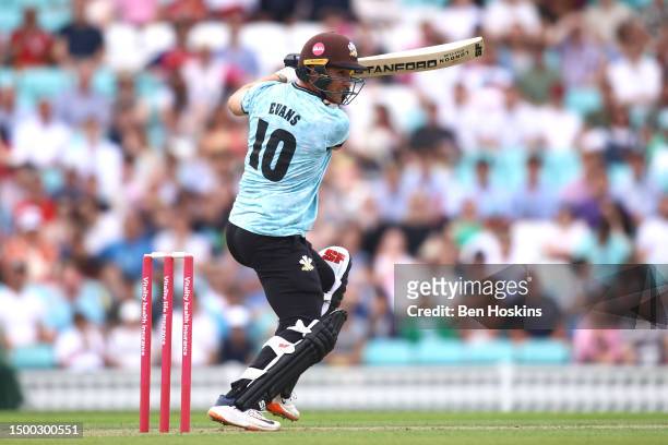 Laurie Evans of Surrey in action during the Vitality T20 Blast match between Surrey CCC and Hampshire Hawks at The Kia Oval on June 18, 2023 in...