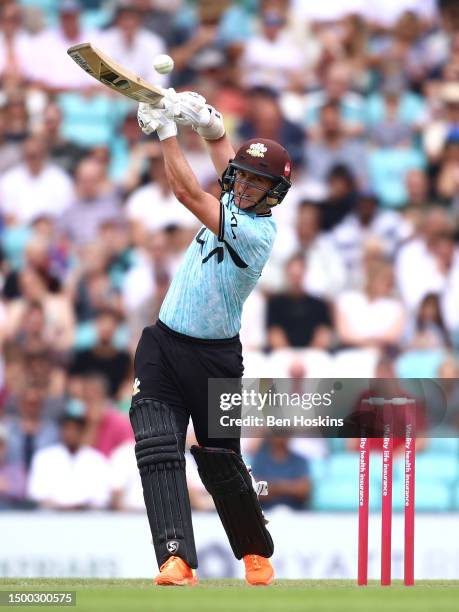 Sam Curran of Surrey in action during the Vitality T20 Blast match between Surrey CCC and Hampshire Hawks at The Kia Oval on June 18, 2023 in London,...