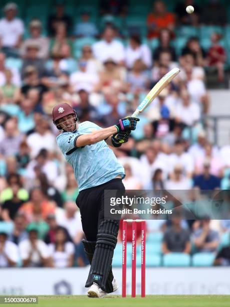 Jamie Overton of Surrey in action during the Vitality T20 Blast match between Surrey CCC and Hampshire Hawks at The Kia Oval on June 18, 2023 in...