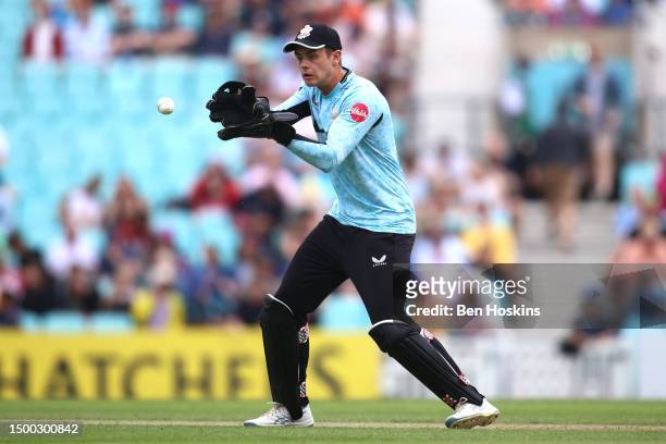 Jamie Smith of Surrey in action during the Vitality T20 Blast match between Surrey CCC and Hampshire Hawks at The Kia Oval on June 18, 2023 in...