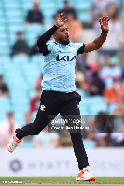 Chris Jordan of Surrey in action during the Vitality T20 Blast match between Surrey CCC and Hampshire Hawks at The Kia Oval on June 18, 2023 in...
