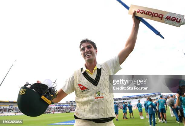 Australia batsman Pat Cummins celebrates after scoring the winning runs during day five of the LV= Insurance Ashes 1st Test Match between England and...