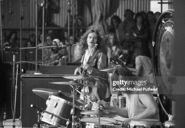 Bassist John Paul Jones and drummer John Bonham , of British rock group Led Zeppelin, performing at the Bath Festival, Shepton Mallet, 28th June 1970.