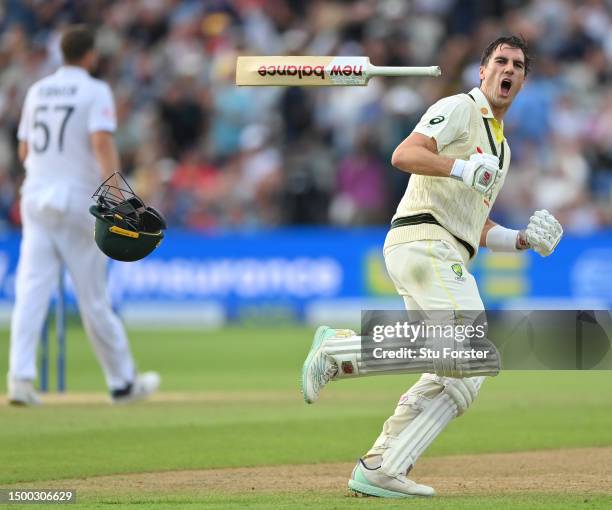 Australia batsman Pat Cummins celebrates after scoring the winning runs during day five of the LV= Insurance Ashes 1st Test Match between England and...