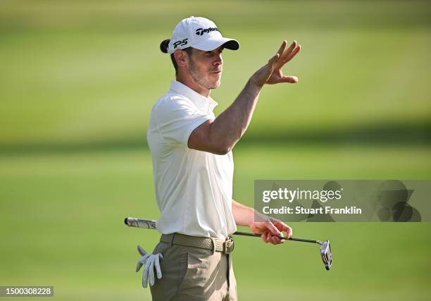 Former footballer Gareth Bale of Wales gestures in the pro-am prior to the BMW International Open at Golfclub Munchen Eichenried on June 21, 2023 in...