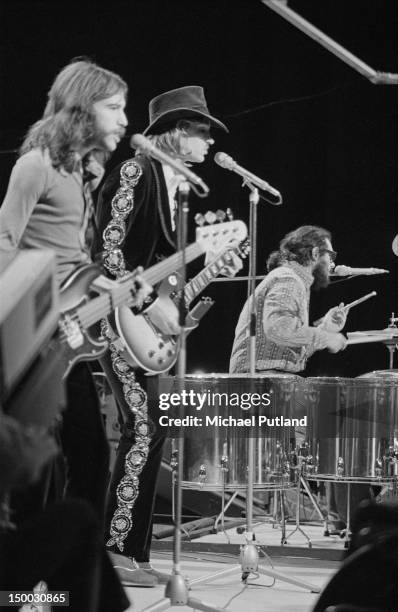 American rock group the James Gang performing on the BBC television show 'Top of the Pops', London, 4th August 1971. Left to right: Dale Peters, Joe...