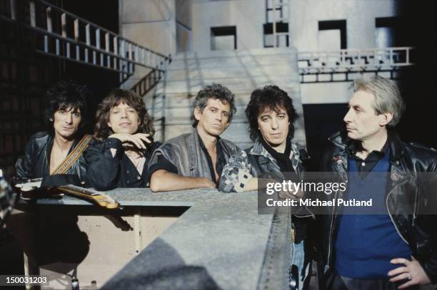 English rock group The Rolling Stones, 1985. Left to right: guitarist Ronnie Wood, singer Mick Jagger, guitarist Keith Richards, drummer Charlie...