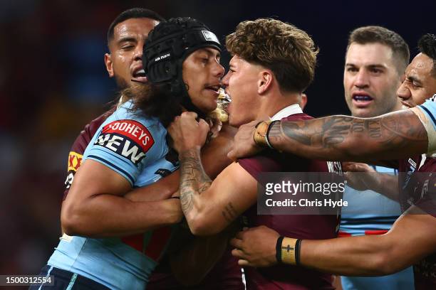 Jarome Luai of the Blues and Reece Walsh of the Maroons scuffle during game two of the State of Origin series between the Queensland Maroons and the...