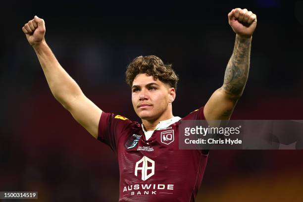 Reece Walsh of the Maroons celebrates after winning game two of the State of Origin series between the Queensland Maroons and the New South Wales...