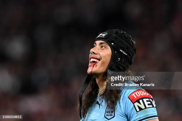 Jarome Luai of the Blues reacts after been sent off for head butting Reece Walsh of the Maroons during game two of the State of Origin series between...