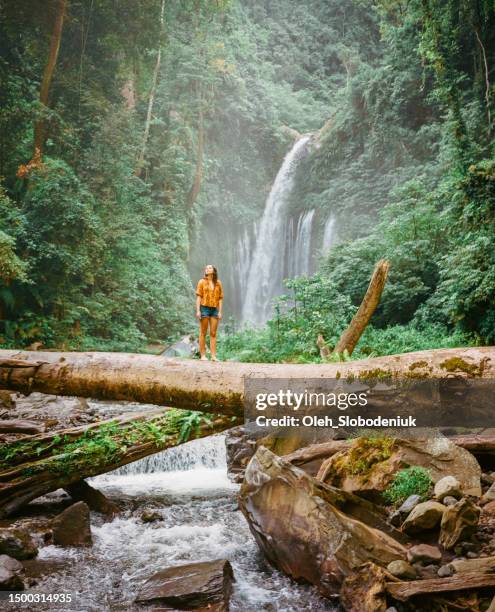 woman standing  on the log near the refreshing waterfall on bali - indonesia stockfoto's en -beelden