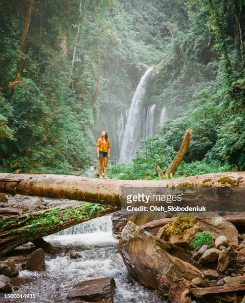 woman standing  on the log near the refreshing waterfall on bali - indonesia bildbanksfoton och bilder