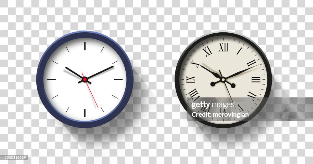 Orologio vintage e moderno con numeri romani e arabi isolati su sfondo trasparente