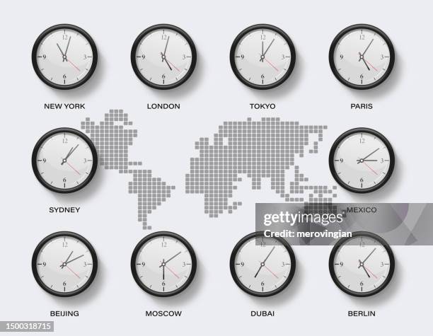 ilustraciones, imágenes clip art, dibujos animados e iconos de stock de zonas horarias con relojes - zona horaria