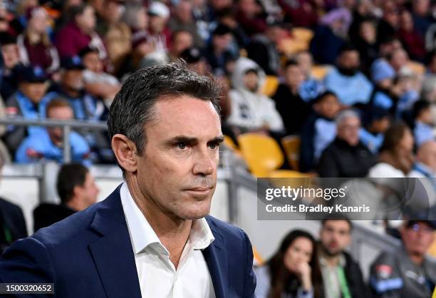 Coach Brad Fittler of New South Wales looks dejected as his team loses game two of the State of Origin series between the Queensland Maroons and the...