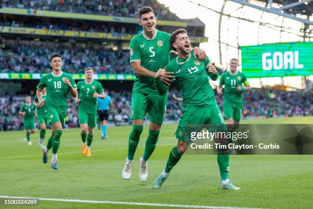 June 19: Michael Johnston of the Republic of Ireland celebrates with John Egan of the Republic of Ireland after scoring his side's first goal during...
