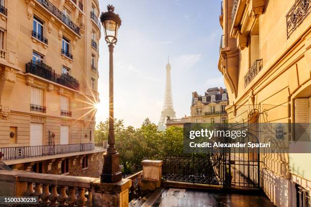 eiffel tower at sunrise, paris, fracnce - paris france stock pictures, royalty-free photos & images
