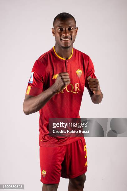 Roma new signing Evan Ndicka during his first photoshoot at Centro Sportivo Fulvio Bernardini on June 21, 2023 in Rome, Italy.