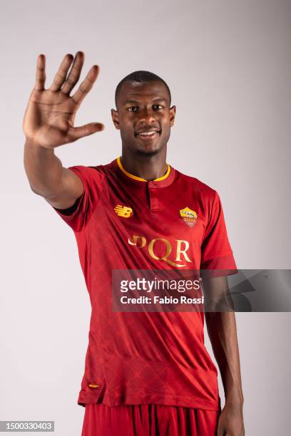 Roma new signing Evan Ndicka during his first photoshoot at Centro Sportivo Fulvio Bernardini on June 21, 2023 in Rome, Italy.