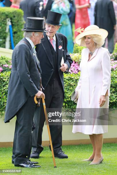 Andrew Parker Bowles, The Rt. Hon. The Lord Soames of Fletching and Queen Camilla attend day two of Royal Ascot 2023 at Ascot Racecourse on June 21,...