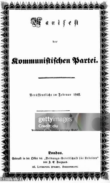 ilustraciones, imágenes clip art, dibujos animados e iconos de stock de título del manifiesto comunista, 1848, por friedrich engels y karl marxa - comunismo