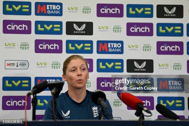 England captain Heather Knight speaks during a press conference at Trent Bridge on June 21, 2023 in Nottingham, England.