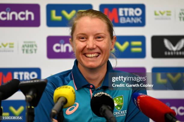 Australia captain Alyssa Healy speaks during a press conference at Trent Bridge on June 21, 2023 in Nottingham, England.