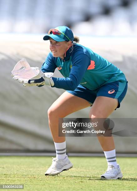 Australia captain Alyssa Healy takes part in wicketkeeping drill during a nets session at Trent Bridge on June 21, 2023 in Nottingham, England.