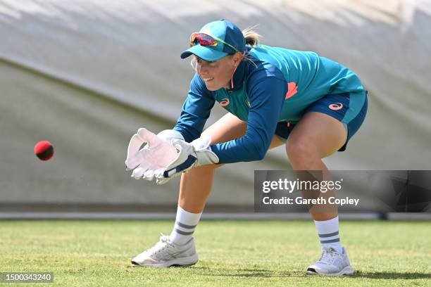 Australia captain Alyssa Healy takes part in wicketkeeping drillduring a nets session at Trent Bridge on June 21, 2023 in Nottingham, England.