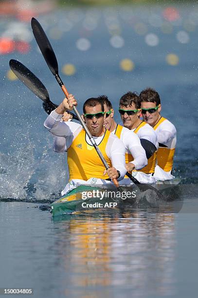 Tate Smith, Dave Smith, Murray Stewart, and Jacob Clear of Australia compete on the way to winning the Gold medal in the Men's Kayak Four 1000m Canoe...