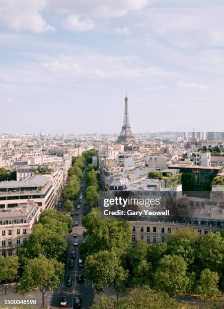 elevated daytime view of paris skyline in summer - france skyline stock pictures, royalty-free photos & images