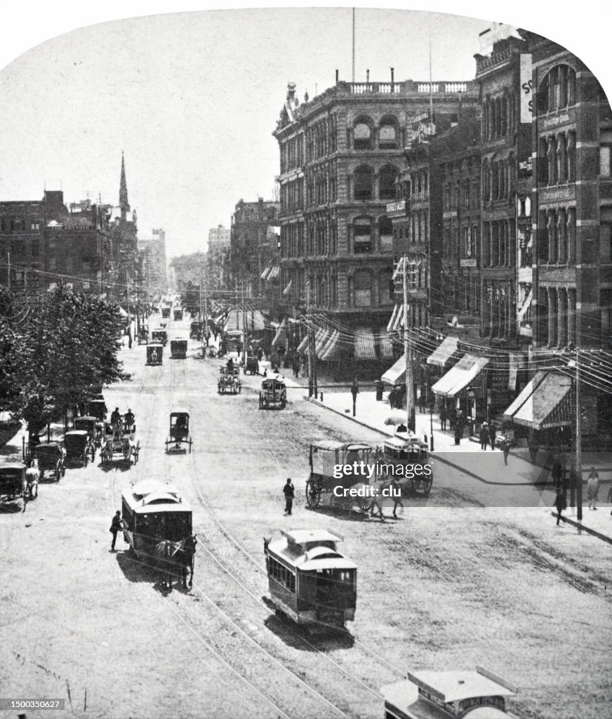 New York City, Union square west side, looking south down Broadway, 1880