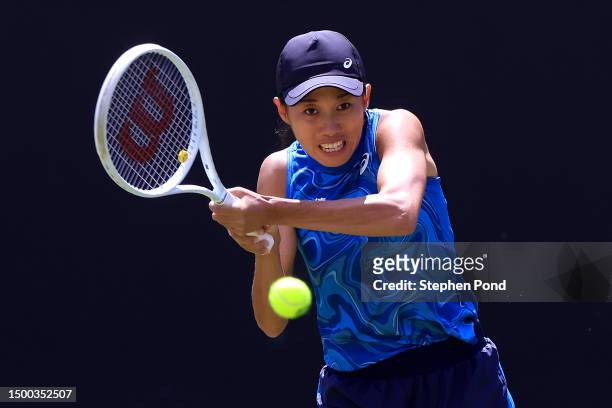 Shuai Zhang of China plays a forehand against Emina Bektas of the United States in their first round match during day five of the Rothesay Classic...