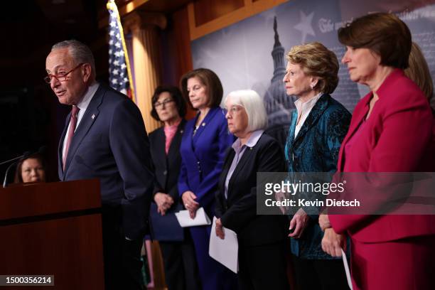 Senate Majority Leader Charles Schumer speaks on the upcoming anniversary of the Supreme Court Dobbs decision, which ended a women's right to access...