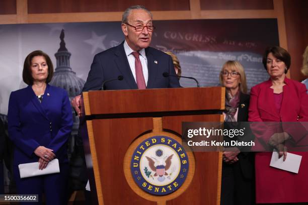 Senate Majority Leader Charles Schumer speaks on the upcoming anniversary of the Supreme Court Dobbs decision, which ended a women's right to access...