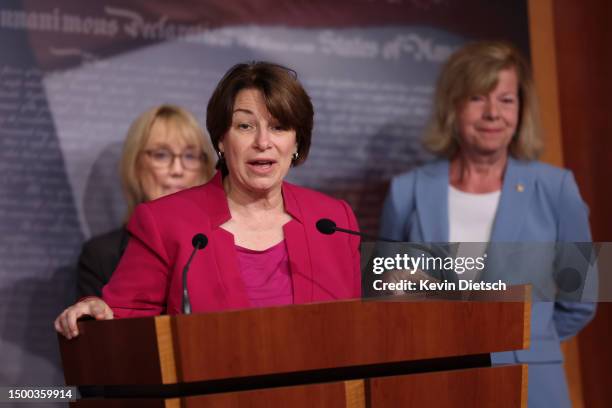 Sen. Amy Klobuchar speaks on the upcoming anniversary of the Supreme Court Dobbs decision, which ended a women's right to access an abortion, at the...