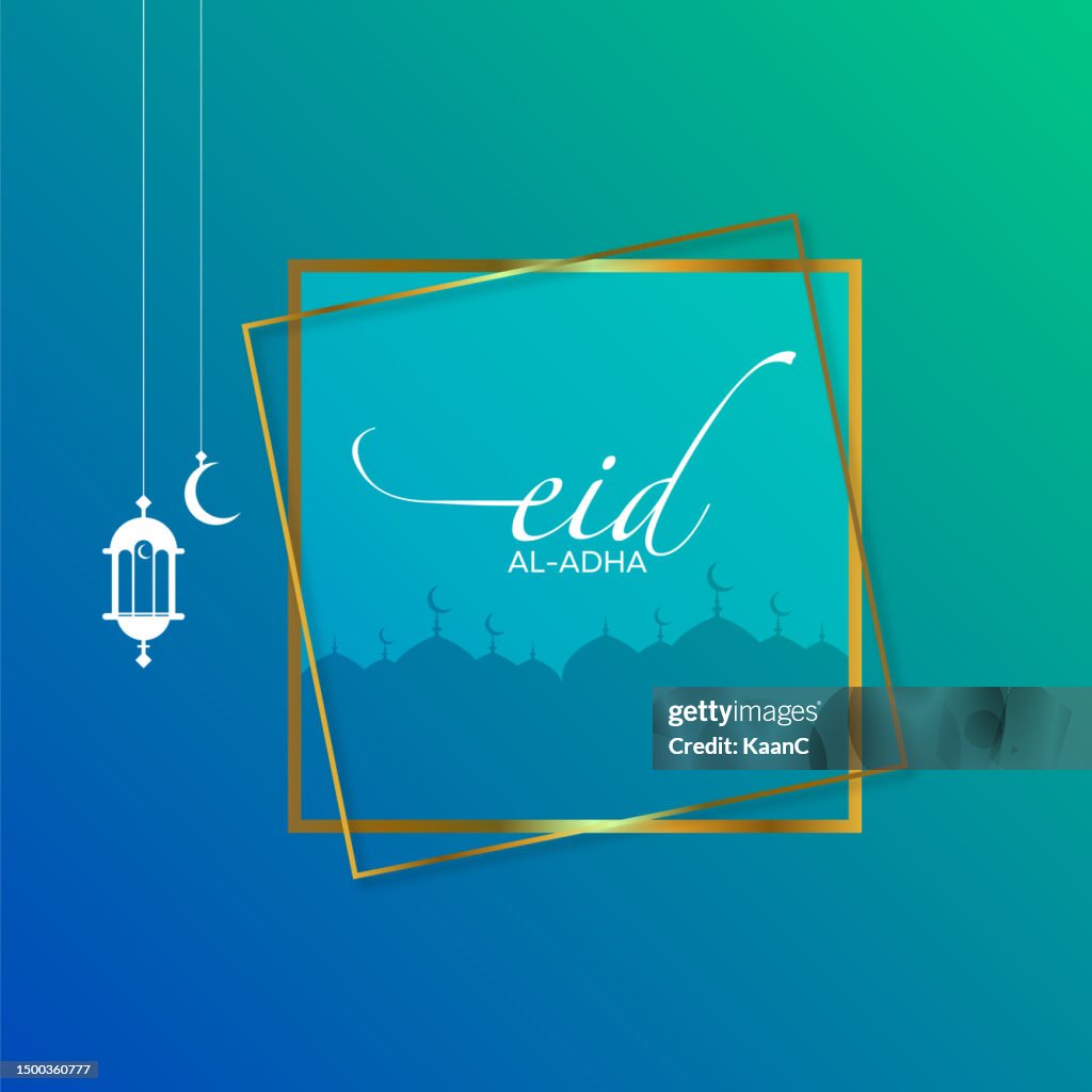Eid al adha and Islamic mosque silhouette with a Muslim ornamental hanging lantern. This greeting card has an Islamic celebration background for graphic design vector stock illustration.