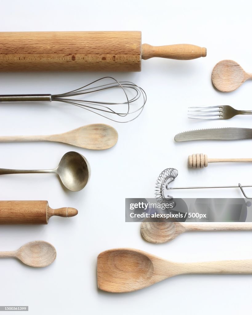Directly above shot of kitchen utensils on white background,Croatia