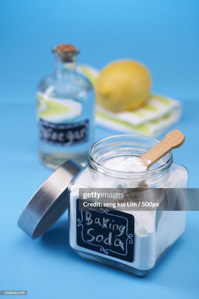 Close-up of baking soda in jar on table