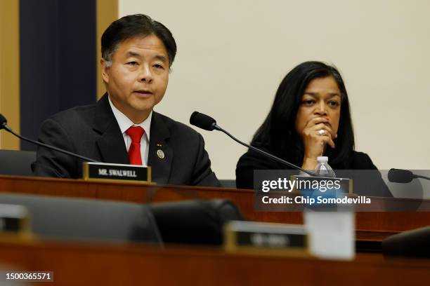 House Judiciary Committee members Rep. Ted Lieu and Rep. Pramila Jayapal question Special Counsel John Durham during a committee hearing in the...