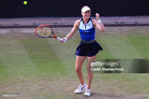 Harriet Dart of Great Britain celebrates winning against Anhelina Kalinina of Ukraine in their second round match during day five of the Rothesay...