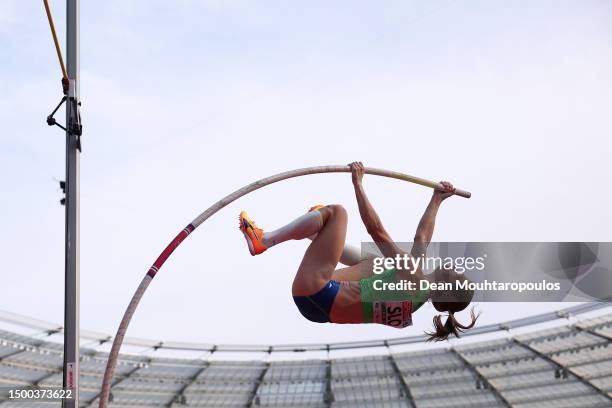 Tina Sutej of Slovenia competes in the Women's Pole Vault - Div. 2 Group A during day two of the European Games 2023 at Silesian Stadium on June 21,...