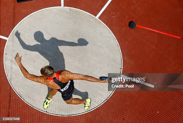 Pascal Behrenbruch of Germany competes during the Men's Decathlon Discus Throw on Day 13 of the London 2012 Olympic Games at Olympic Stadium on...