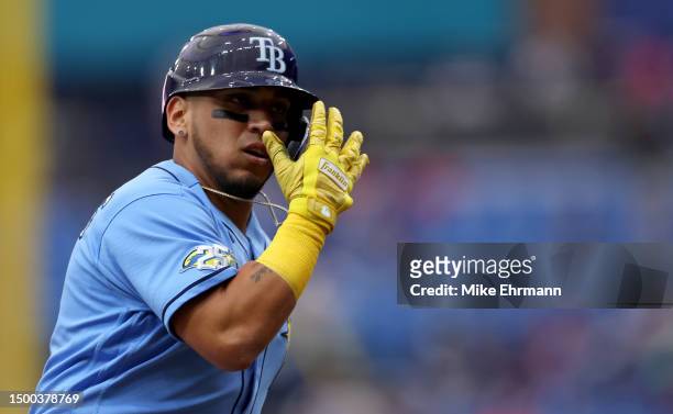 Isaac Paredes of the Tampa Bay Rays celebrates after hitting a home run in the second inning during a game against the Baltimore Orioles at Tropicana...