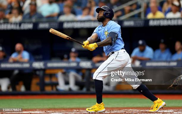 Randy Arozarena of the Tampa Bay Rays hits a home run in the second inning during a game against the Baltimore Orioles at Tropicana Field on June 21,...