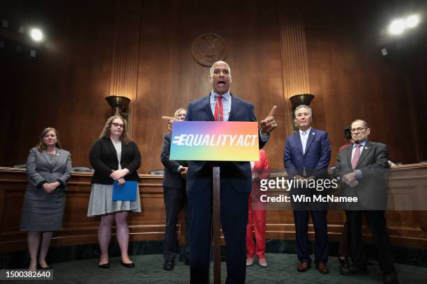 Sen. Cory Booker speaks during a press conference on the introduction of the Equality Act June 21, 2023 in Washington, DC. The Equality Act aims to...